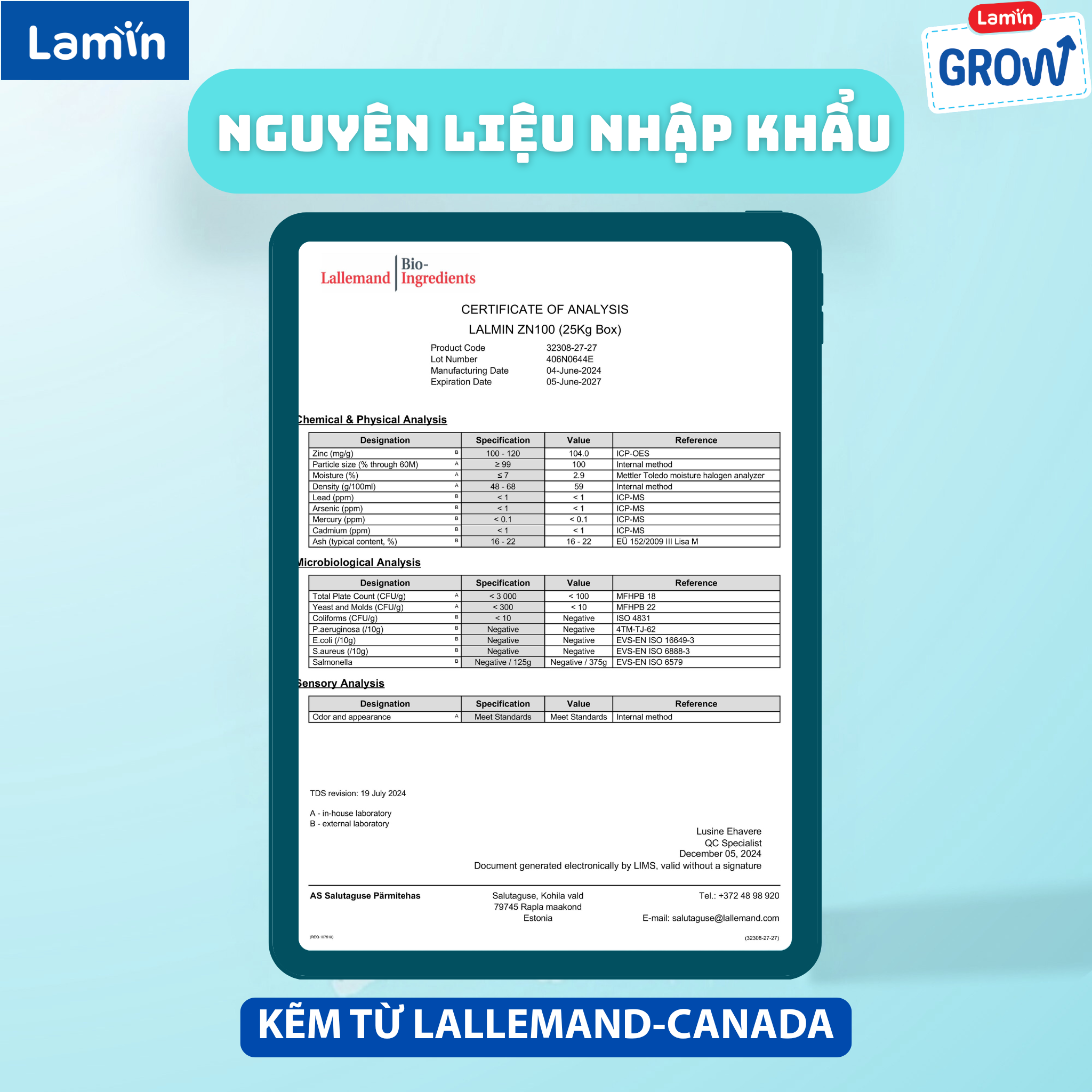 Kiểm chứng chất lượng - nguyên liệu kẽm làm giàu từ nấm men nhập khẩu