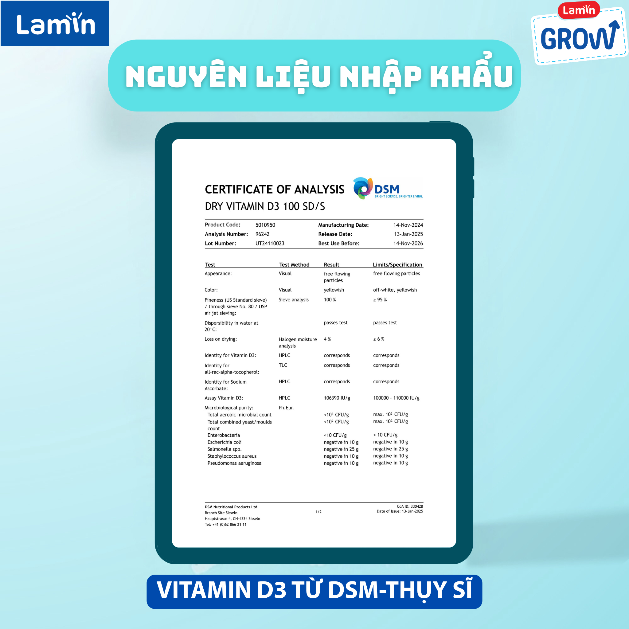 Kiểm chứng chất lượng - nguyên liệu vitamin D3 DSM nhập khẩu