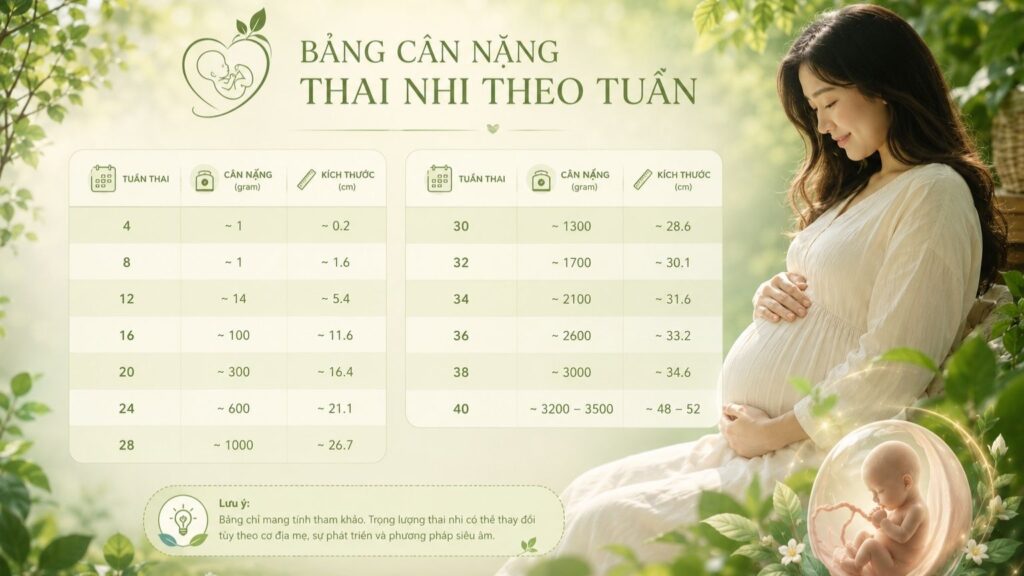 Bảng cân nặng thai nhi theo tuần
